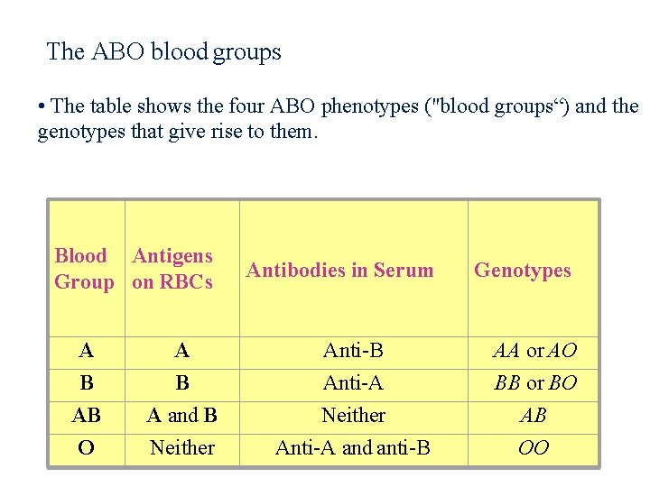 The ABO blood groups • The table shows the four ABO phenotypes ("blood groups“)
