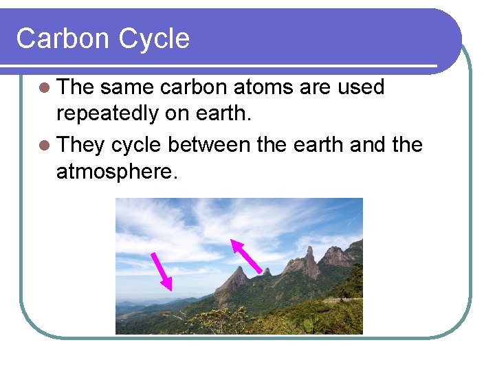 Carbon Cycle l The same carbon atoms are used repeatedly on earth. l They