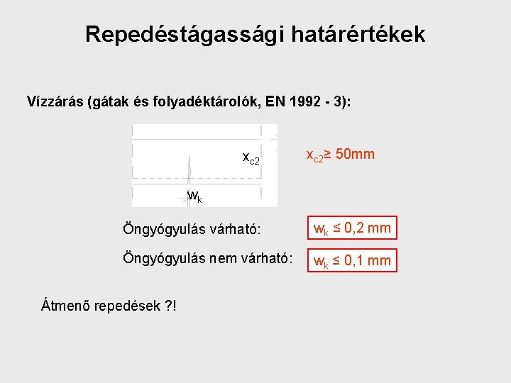 Repedéstágassági határértékek Vízzárás (gátak és folyadéktárolók, EN 1992 - 3): xc 2≥ 50 mm
