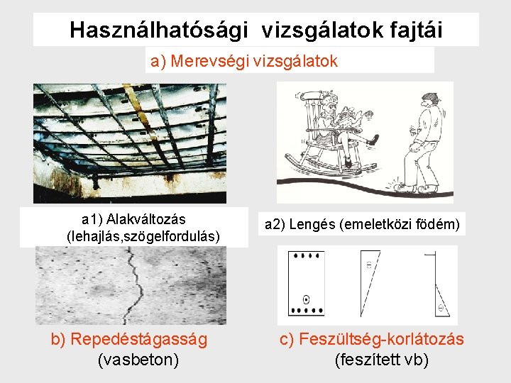 Használhatósági vizsgálatok fajtái a) Merevségi vizsgálatok a 1) Alakváltozás (lehajlás, szögelfordulás) b) Repedéstágasság (vasbeton)