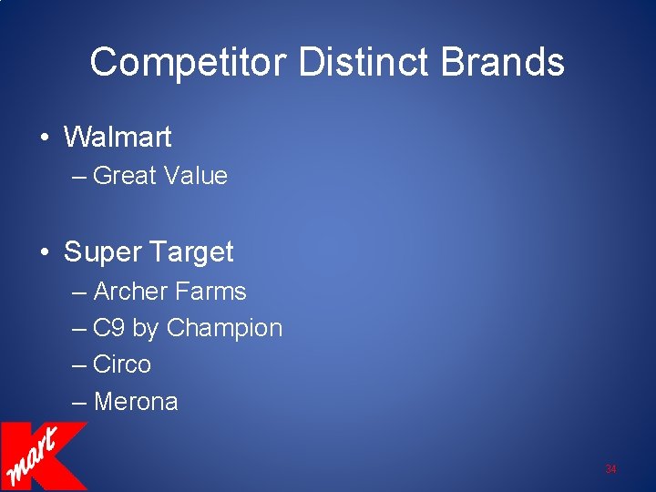 Competitor Distinct Brands • Walmart – Great Value • Super Target – Archer Farms