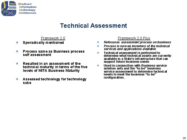 Technical Assessment l Framework 2. 0 Sporadically mentioned l Process same as Business process