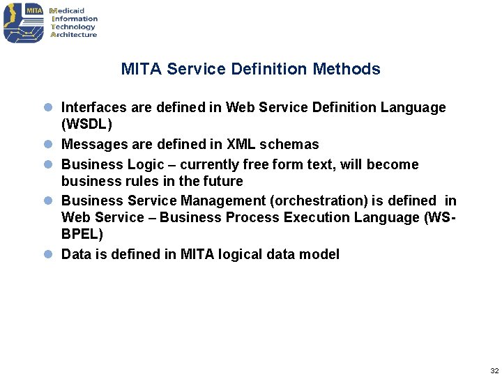 MITA Service Definition Methods l Interfaces are defined in Web Service Definition Language (WSDL)