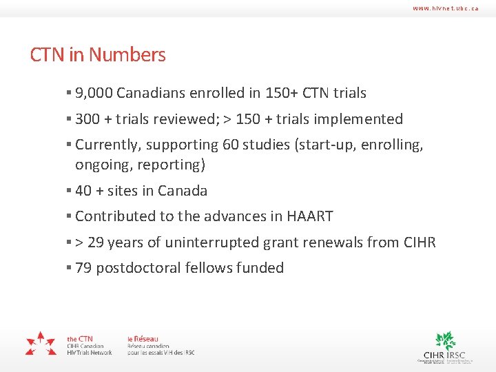 www. hivnet. ubc. ca CTN in Numbers § 9, 000 Canadians enrolled in 150+