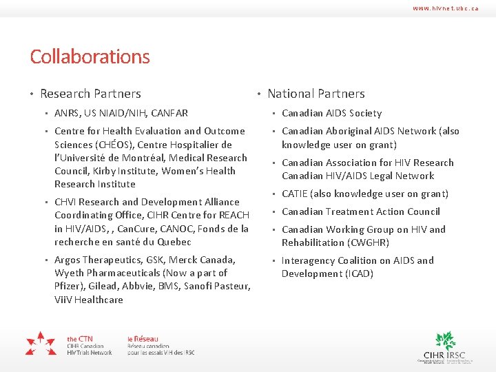 www. hivnet. ubc. ca Collaborations • Research Partners • National Partners • ANRS, US