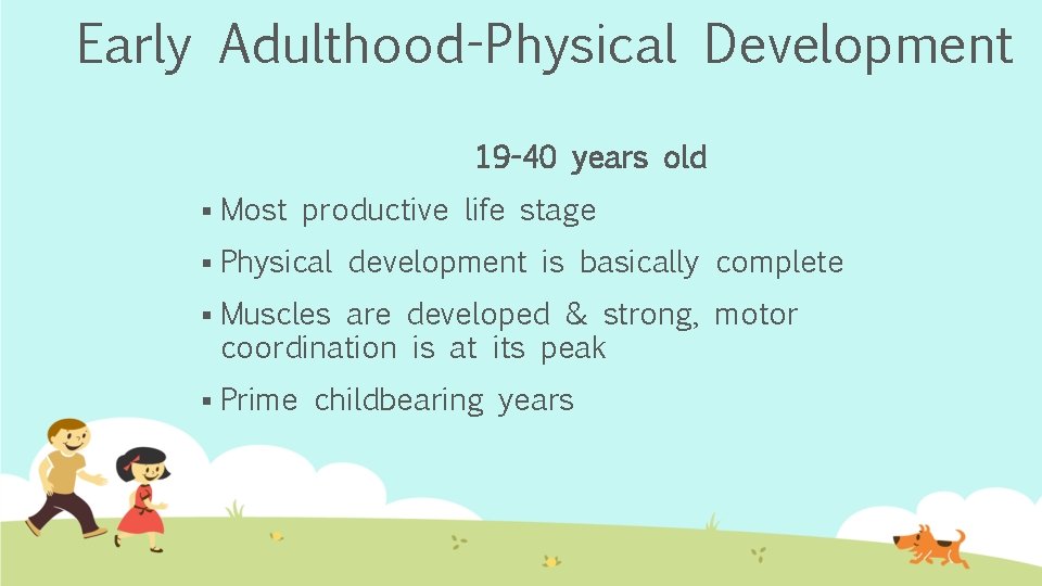 Early Adulthood-Physical Development 19 -40 years old § Most productive life stage § Physical