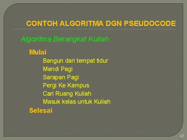 CONTOH ALGORITMA DGN PSEUDOCODE Algoritma Berangkat Kuliah Mulai Bangun dari tempat tidur Mandi Pagi