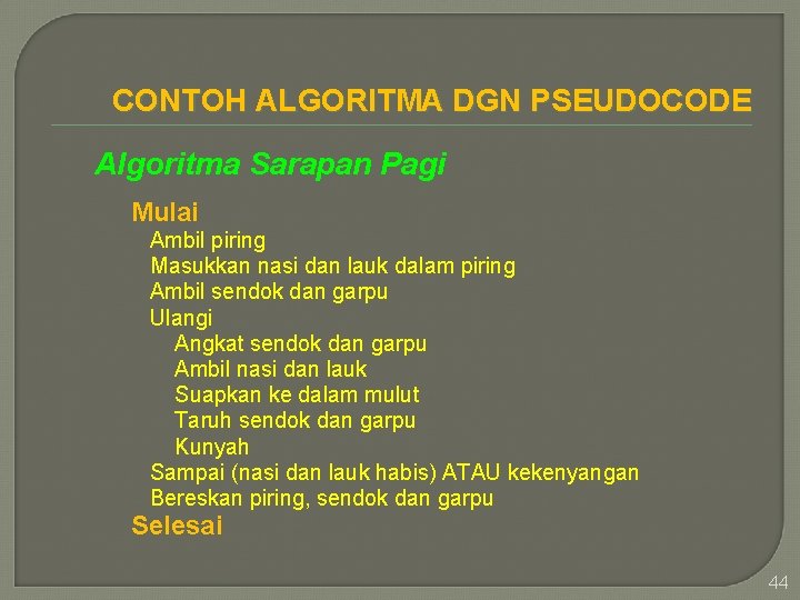 CONTOH ALGORITMA DGN PSEUDOCODE Algoritma Sarapan Pagi Mulai Ambil piring Masukkan nasi dan lauk