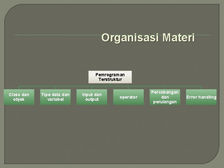 Organisasi Materi Pemrograman Terstruktur Class dan objek Tipe data dan variabel Input dan output