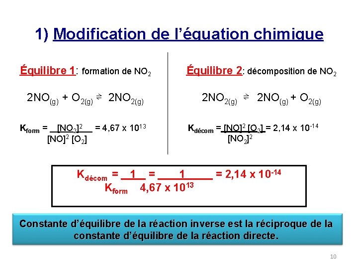 1) Modification de l’équation chimique Équilibre 1: formation de NO 2 Équilibre 2: décomposition