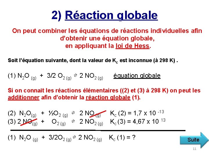 2) Réaction globale On peut combiner les équations de réactions individuelles afin d’obtenir une
