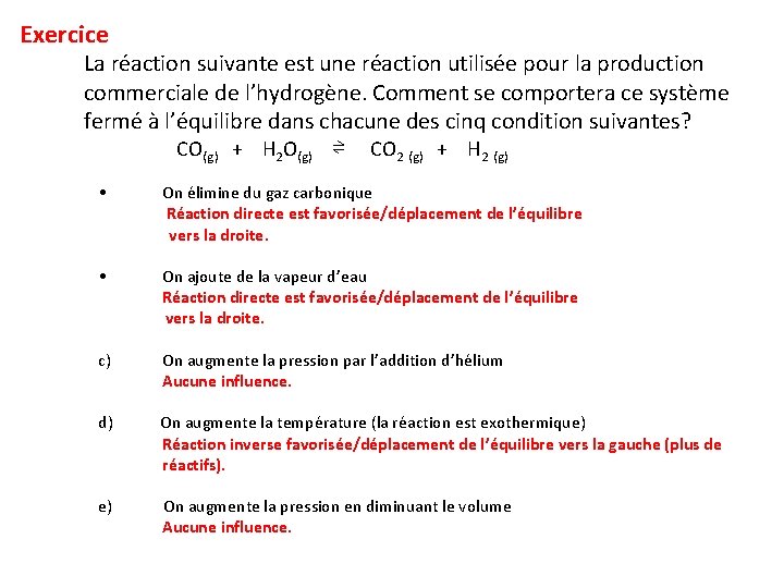 Exercice La réaction suivante est une réaction utilisée pour la production commerciale de l’hydrogène.