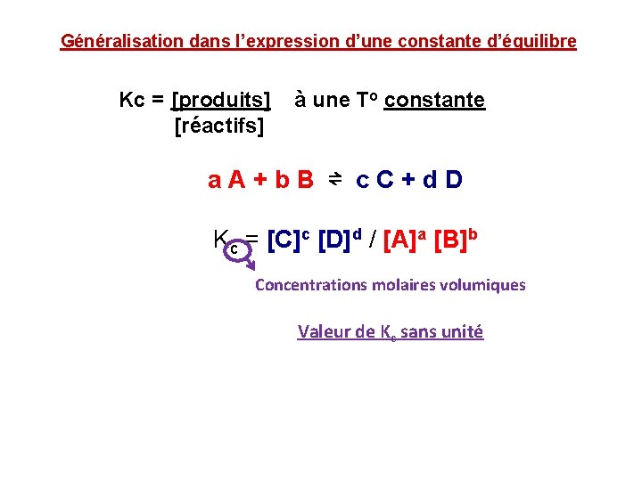 Généralisation dans l’expression d’une constante d’équilibre Kc = [produits] [réactifs] à une To constante