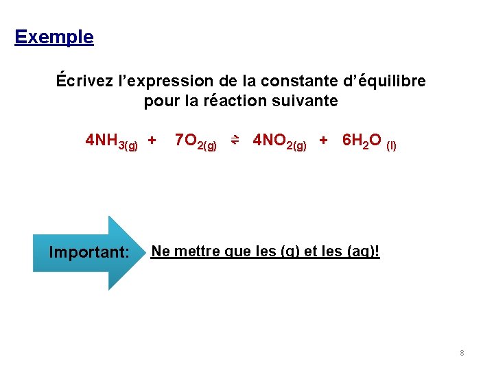 Exemple Écrivez l’expression de la constante d’équilibre pour la réaction suivante 4 NH 3(g)