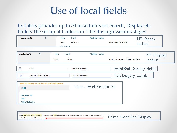 Use of local fields Ex Libris provides up to 50 local fields for Search,