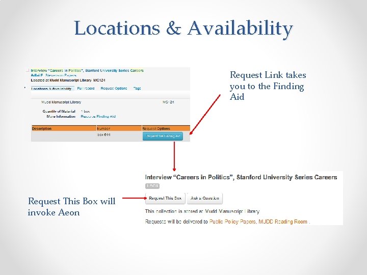 Locations & Availability Request Link takes you to the Finding Aid Request This Box