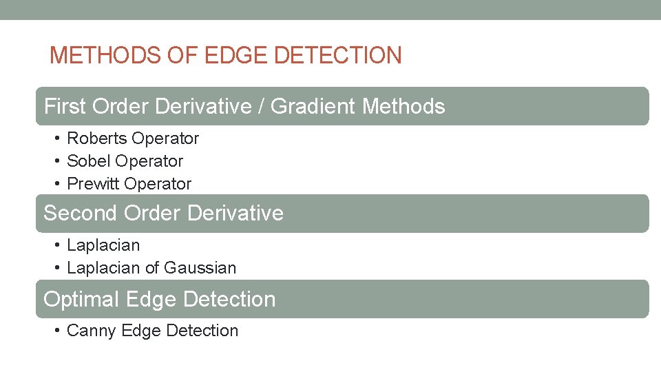METHODS OF EDGE DETECTION First Order Derivative / Gradient Methods • Roberts Operator •