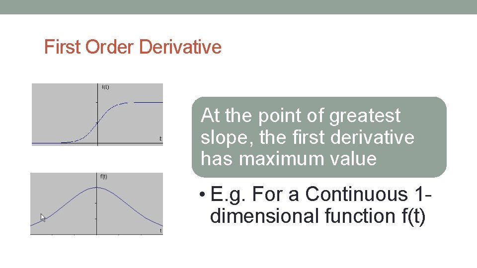 First Order Derivative At the point of greatest slope, the first derivative has maximum