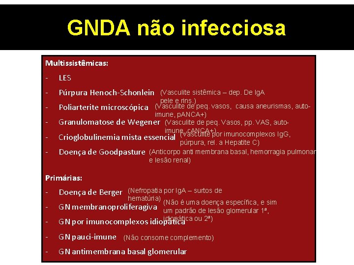 GNDA não infecciosa Multissistêmicas: - LES - Púrpura Henoch-Schonlein - (Vasculite sistêmica – dep.