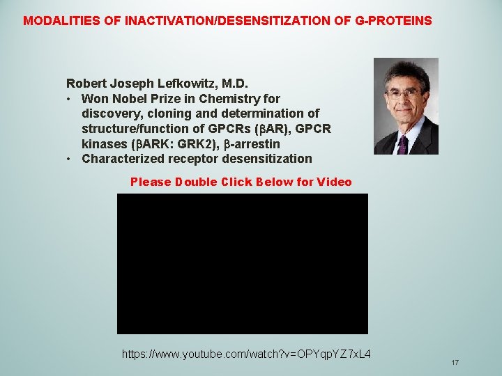 MODALITIES OF INACTIVATION/DESENSITIZATION OF G-PROTEINS Robert Joseph Lefkowitz, M. D. • Won Nobel Prize