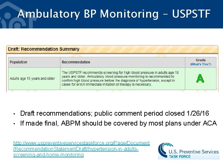 Ambulatory BP Monitoring – USPSTF • • Draft recommendations; public comment period closed 1/26/16