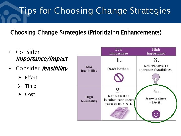 Tips for Choosing Change Strategies (Prioritizing Enhancements) • Consider importance/impact • Consider feasibility: Ø