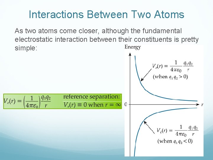 Interactions Between Two Atoms As two atoms come closer, although the fundamental electrostatic interaction