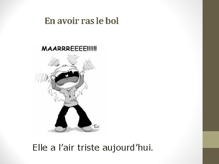 En avoir ras le bol Elle a l’air triste aujourd’hui. 