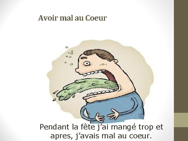 Avoir mal au Coeur Pendant la fête j’ai mangé trop et apres, j’avais mal