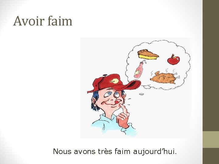 Avoir faim Nous avons très faim aujourd’hui. 