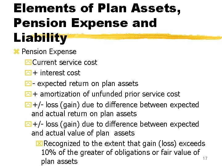 Elements of Plan Assets, Pension Expense and Liability z Pension Expense y. Current service