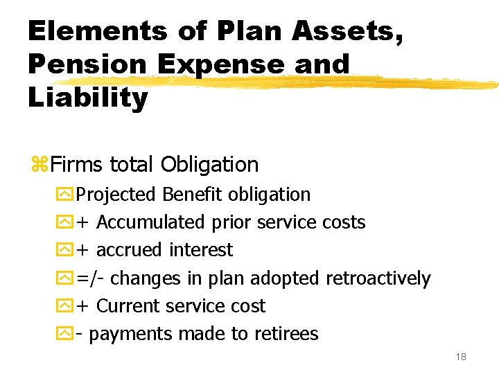 Elements of Plan Assets, Pension Expense and Liability z. Firms total Obligation y. Projected
