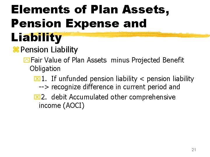 Elements of Plan Assets, Pension Expense and Liability z Pension Liability y. Fair Value