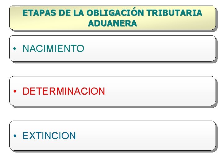 ETAPAS DE LA OBLIGACIÓN TRIBUTARIA ADUANERA • NACIMIENTO • DETERMINACION • EXTINCION 