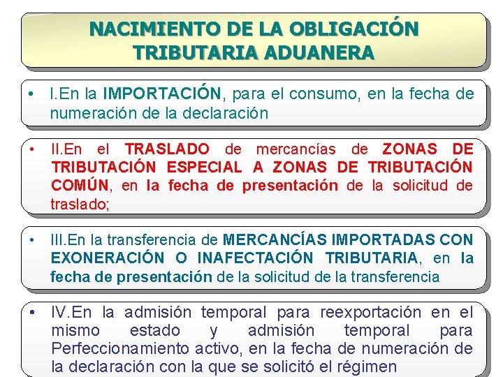 NACIMIENTO DE LA OBLIGACIÓN TRIBUTARIA ADUANERA • I. En la IMPORTACIÓN, para el consumo,