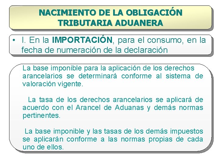 NACIMIENTO DE LA OBLIGACIÓN TRIBUTARIA ADUANERA • I. En la IMPORTACIÓN, para el consumo,