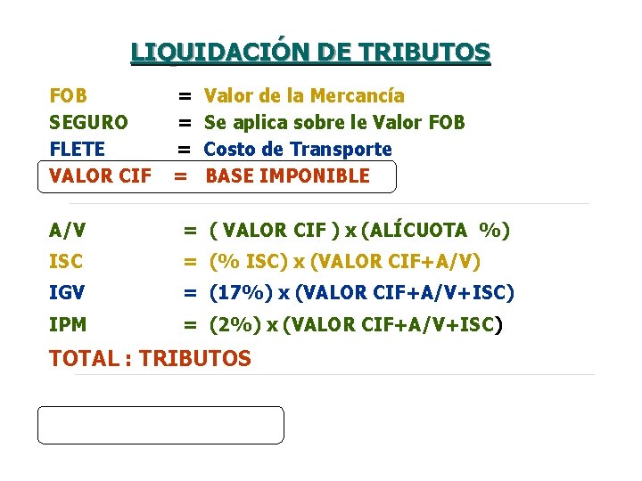 LIQUIDACIÓN DE TRIBUTOS FOB SEGURO FLETE VALOR CIF = = Valor de la Mercancía