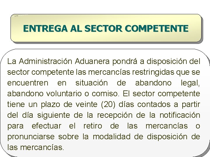 ENTREGA AL SECTOR COMPETENTE La Administración Aduanera pondrá a disposición del sector competente las