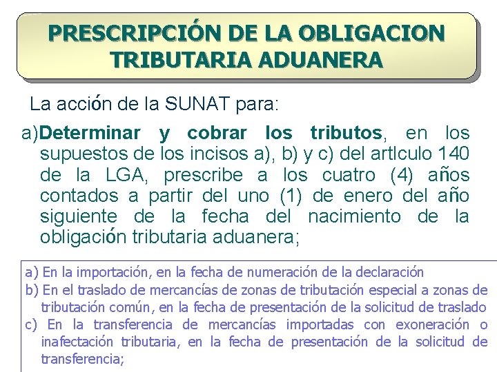 PRESCRIPCIÓN DE LA OBLIGACION TRIBUTARIA ADUANERA La acción de la SUNAT para: a)Determinar y