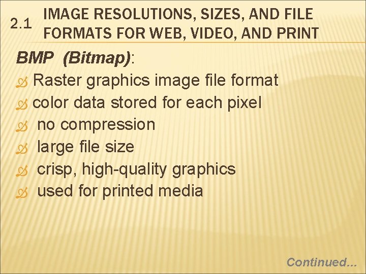 IMAGE RESOLUTIONS, SIZES, AND FILE 2. 1 FORMATS FOR WEB, VIDEO, AND PRINT BMP