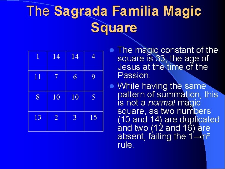 The Sagrada Familia Magic Square 1 14 14 4 11 7 6 9 8