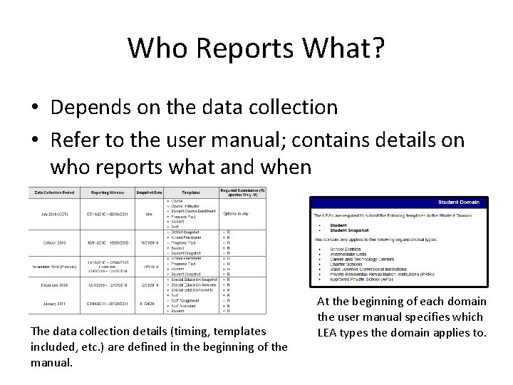 Who Reports What? • Depends on the data collection • Refer to the user