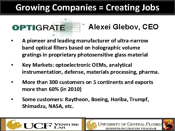 Growing Companies = Creating Jobs Alexei Glebov, CEO • A pioneer and leading manufacturer
