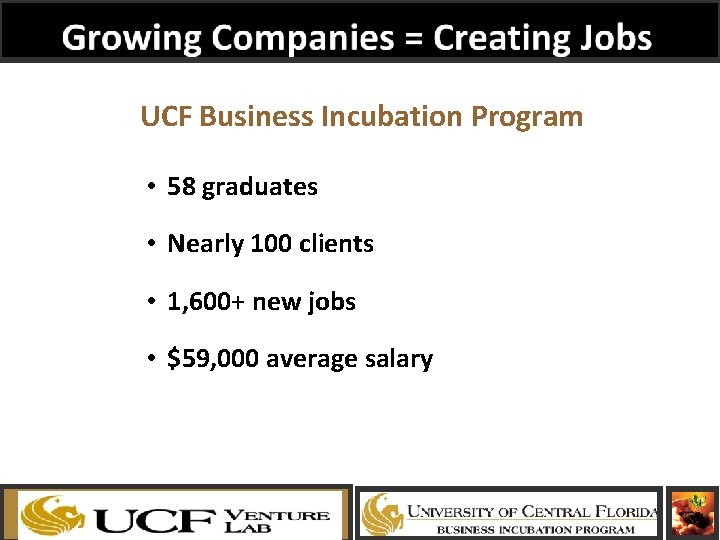UCF Business Incubation Program • 58 graduates • Nearly 100 clients • 1, 600+