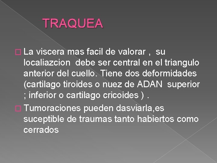 TRAQUEA � La viscera mas facil de valorar , su localiazcion debe ser central