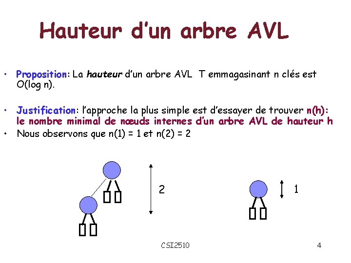 Hauteur d’un arbre AVL • Proposition: La hauteur d’un arbre AVL T emmagasinant n