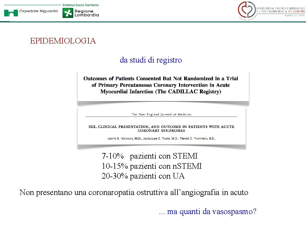 EPIDEMIOLOGIA da studi di registro 7 -10% pazienti con STEMI 10 -15% pazienti con