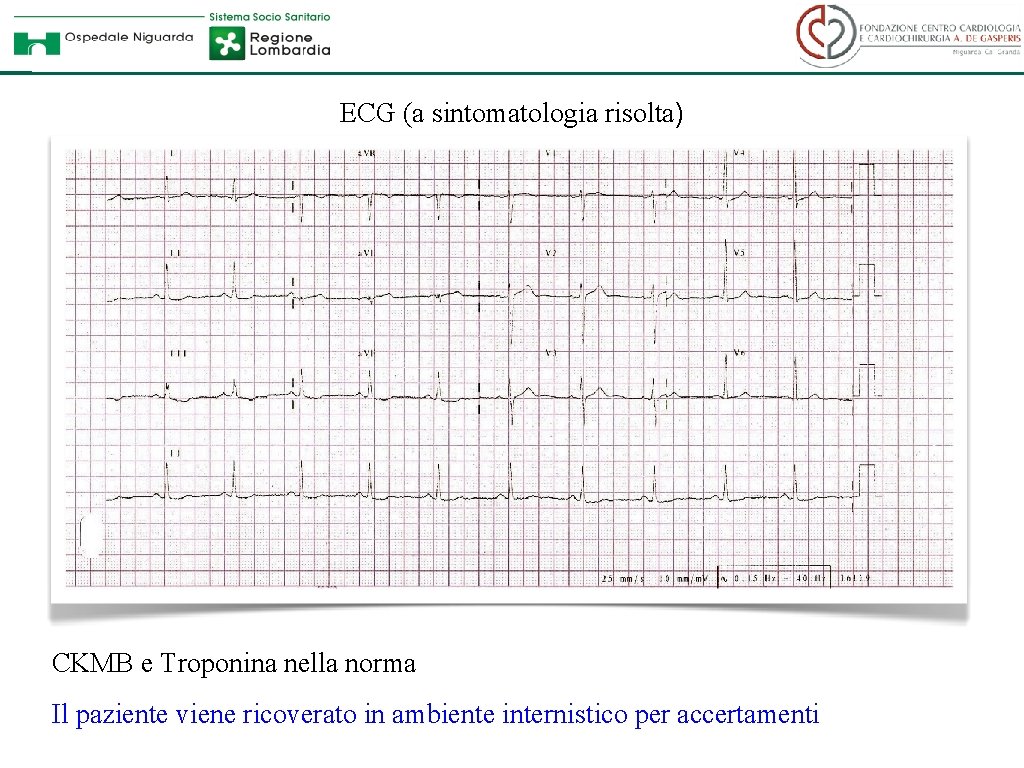 ECG (a sintomatologia risolta) CKMB e Troponina nella norma Il paziente viene ricoverato in