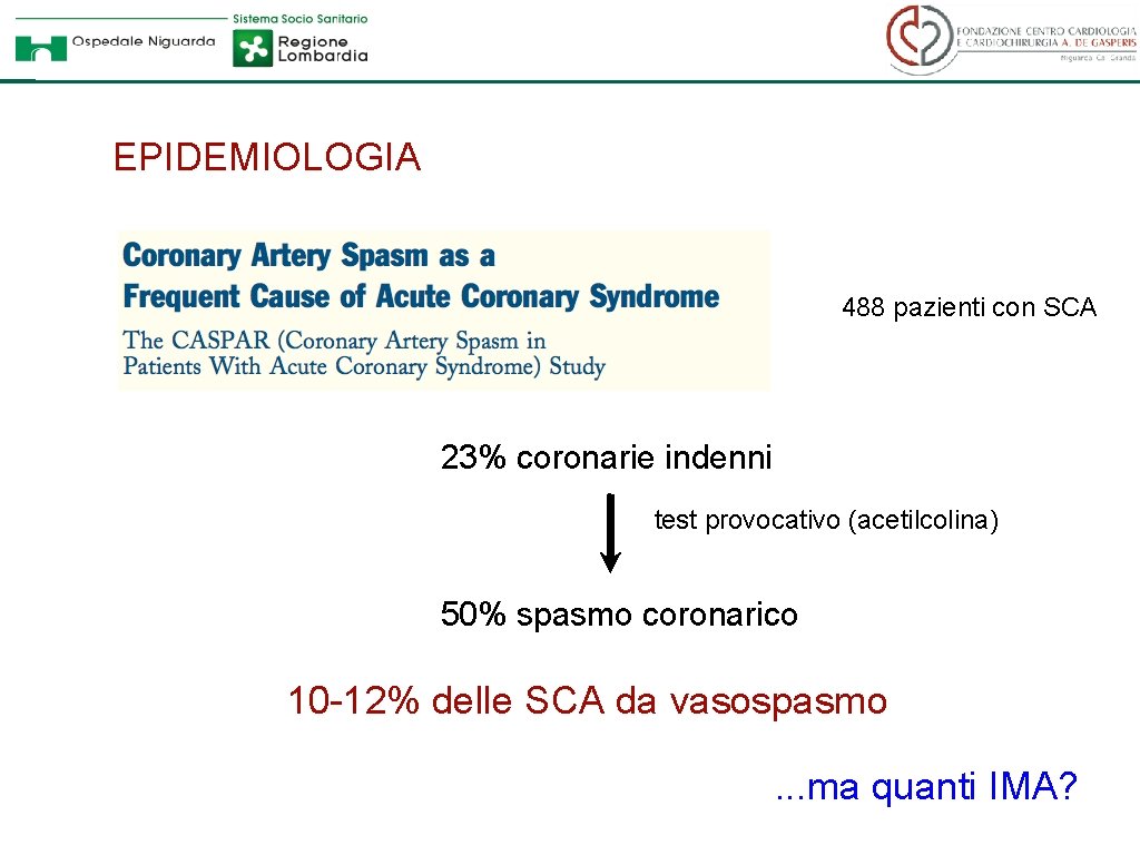 EPIDEMIOLOGIA 488 pazienti con SCA 23% coronarie indenni test provocativo (acetilcolina) 50% spasmo coronarico