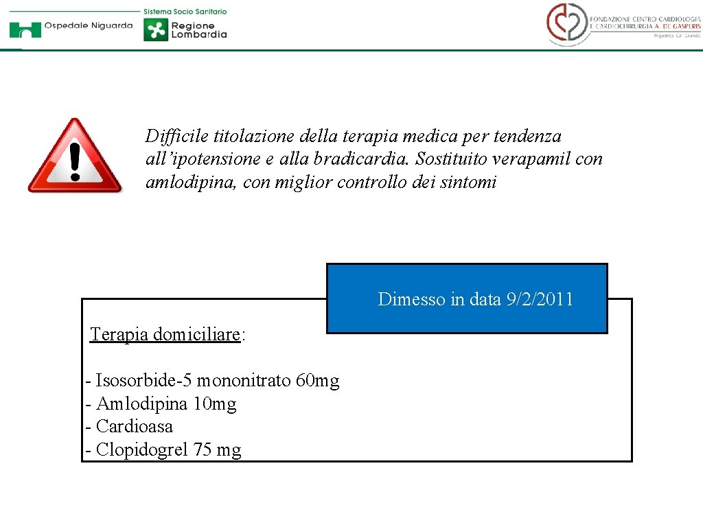 Difficile titolazione della terapia medica per tendenza all’ipotensione e alla bradicardia. Sostituito verapamil con